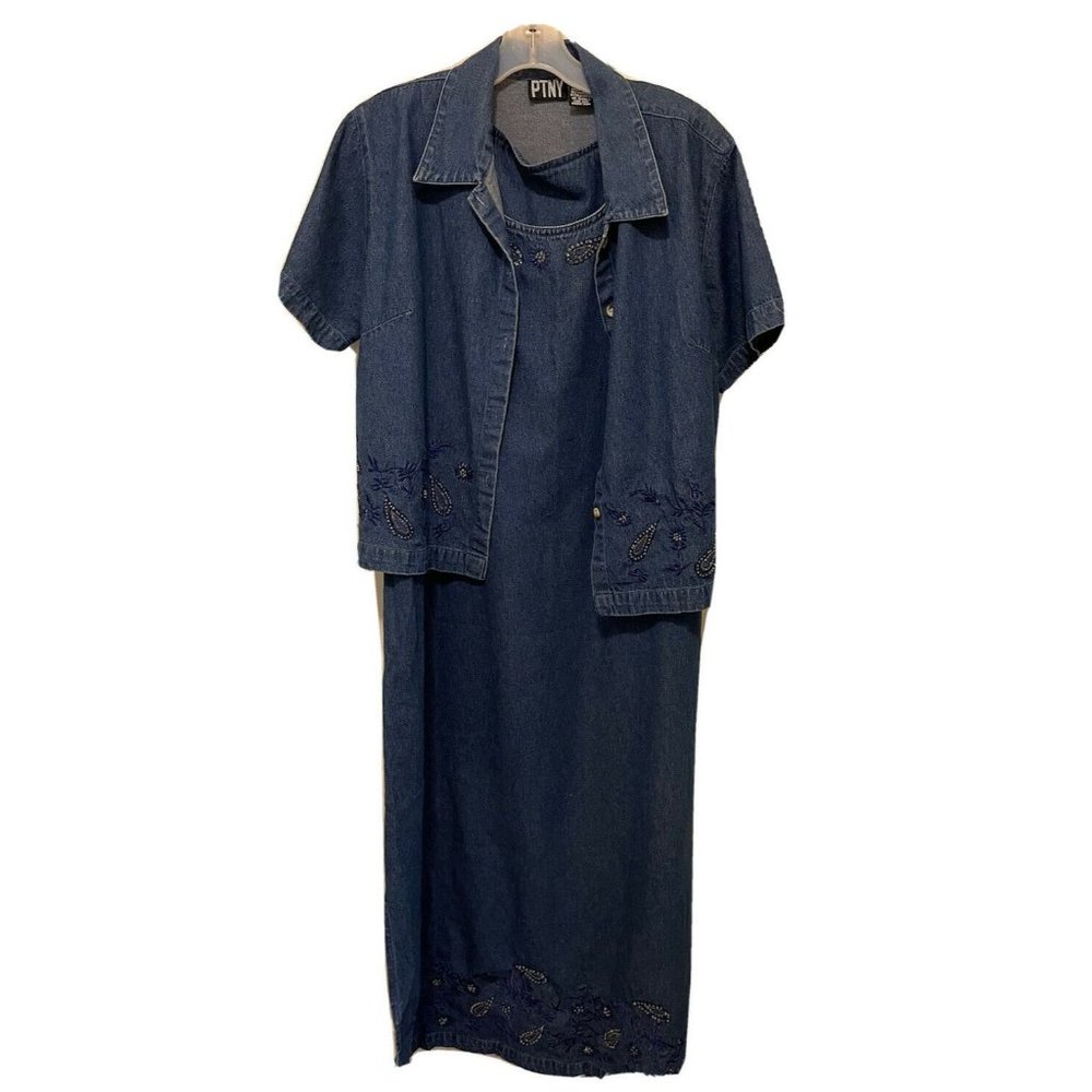 PTNY Blue 2‎ Piece Denim Jumper Dress Jacket Floral Applique SLEEVELESS LARGE